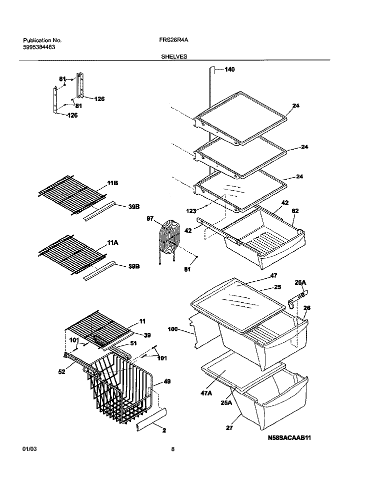 SHELVES Diagram and Parts List for FRS26R4AQ7  Frigidaire Refrigerator