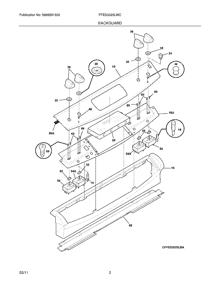 BACKGUARD Diagram and Parts List for FFES3025LWC  Frigidaire Wall Oven