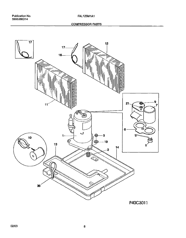 COMPRESSOR PARTS Diagram and Parts List for FAL125M1A1  Frigidaire Air Conditioner