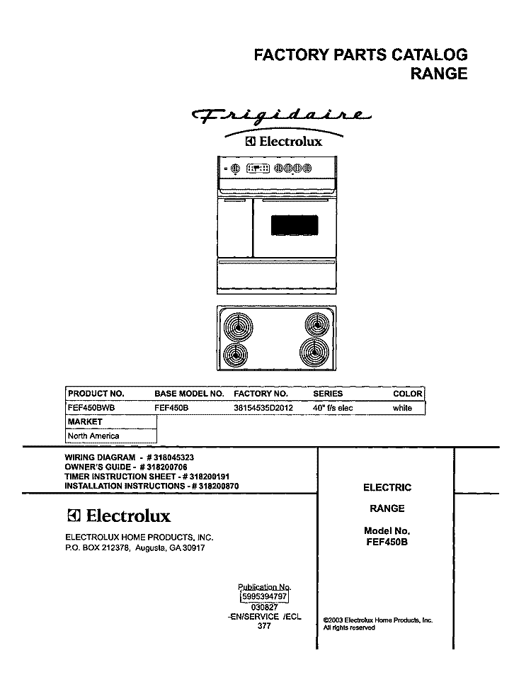 COVER Diagram and Parts List for FEF450BWB  Frigidaire Range