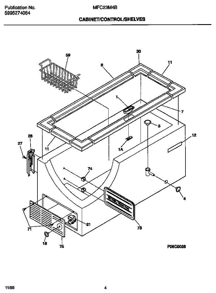 CABINET / CONTROL / SHELVES Diagram and Parts List for MFC23M4BW4  Frigidaire Freezer