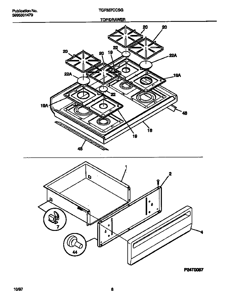 TOP / DRAWER Diagram and Parts List for TGF357CCSG  Tappan Range