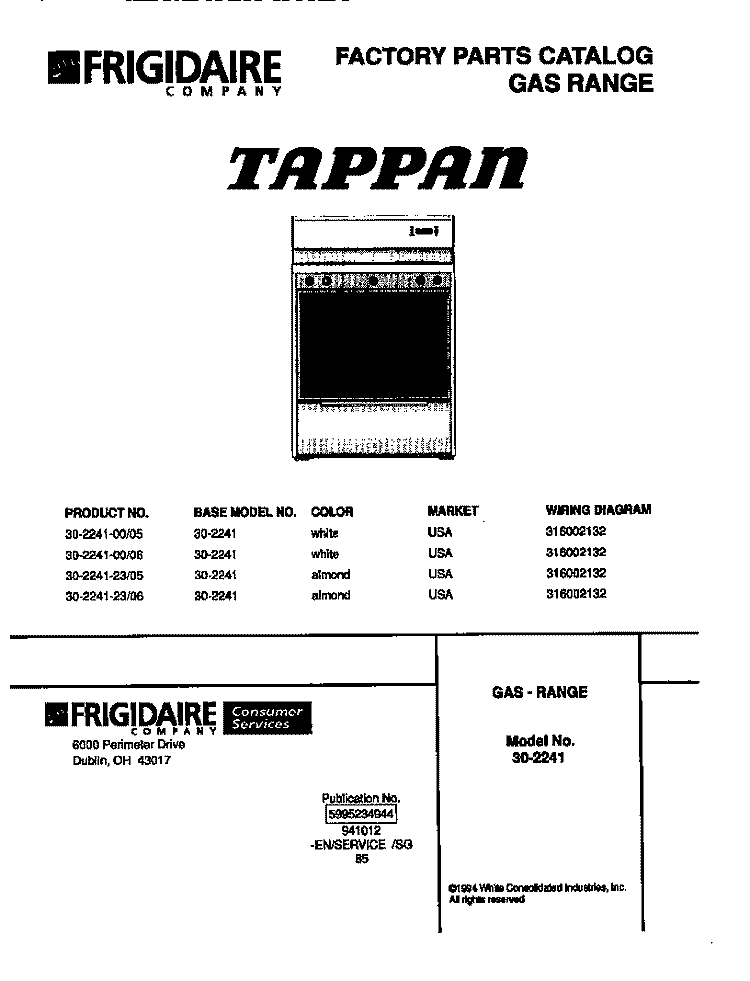 RANGE, GAS Diagram and Parts List for 30-2241-00-05  Tappan Range