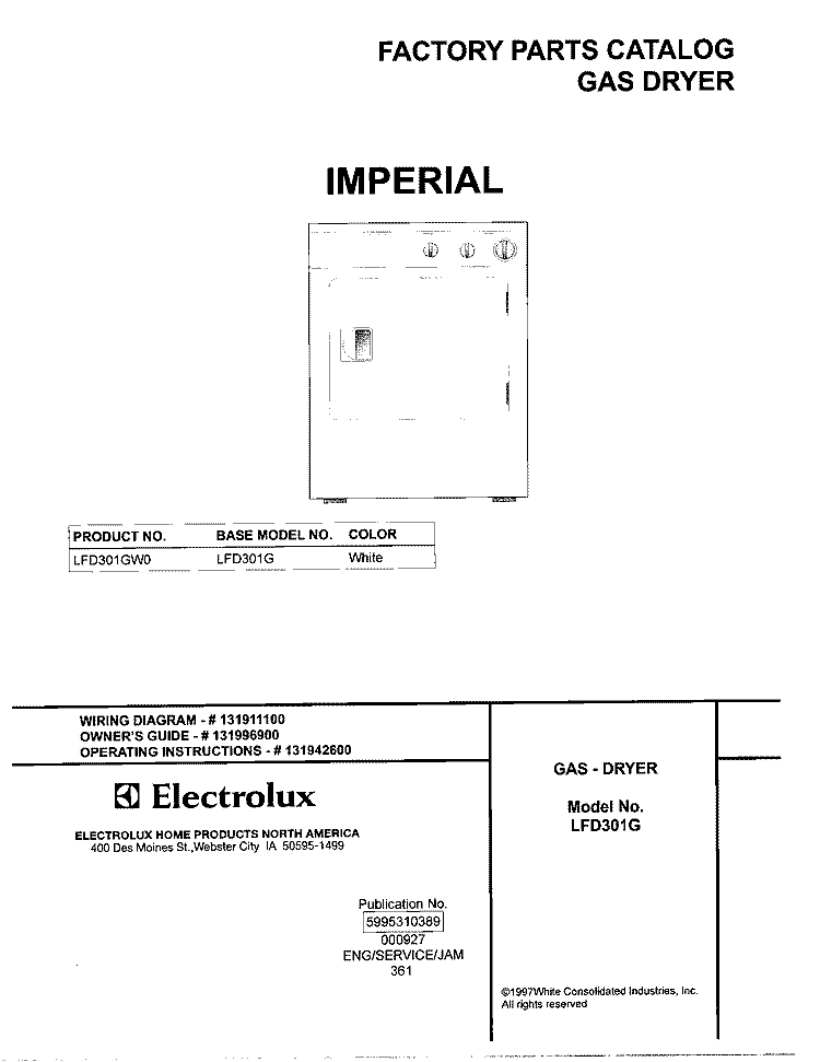 COVER Diagram and Parts List for LFD301GW0  Frigidaire Dryer