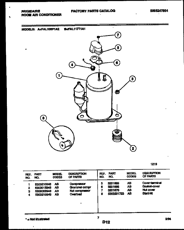 COMPRESSOR PARTS Diagram and Parts List for FAL117T1A1  Frigidaire Air Conditioner