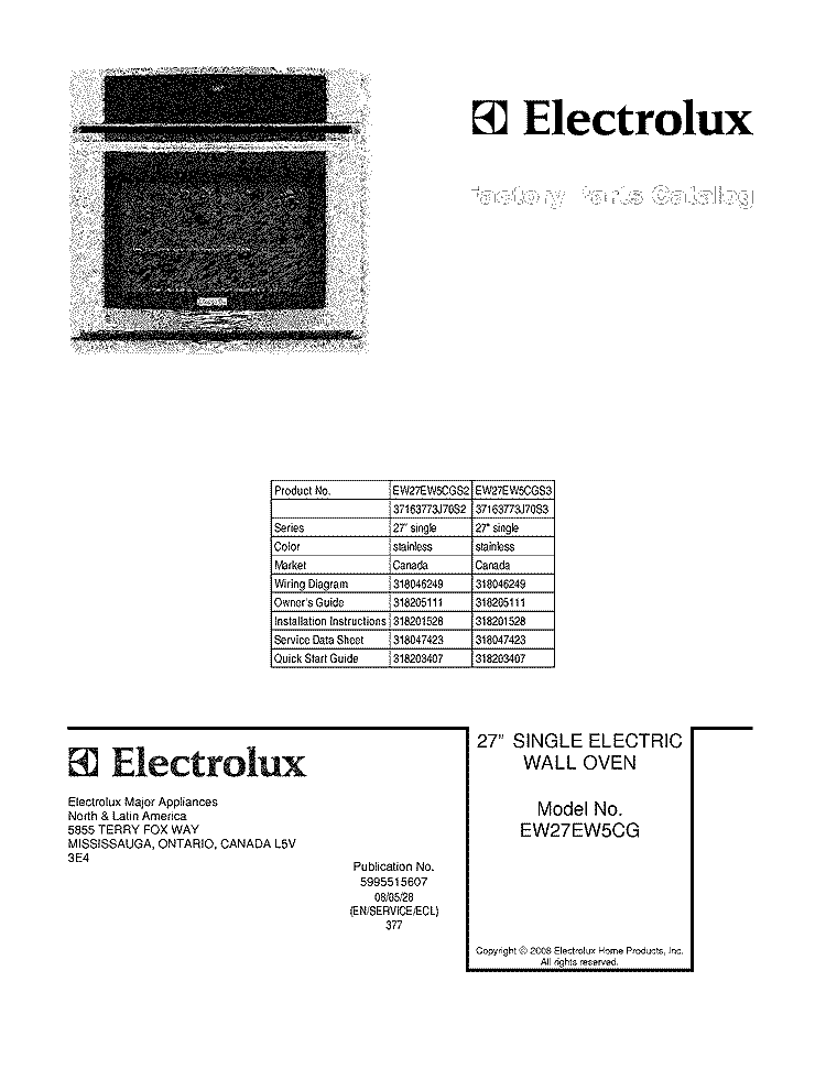 COVER Diagram and Parts List for EW27EW5CGS3  Electrolux Wall Oven