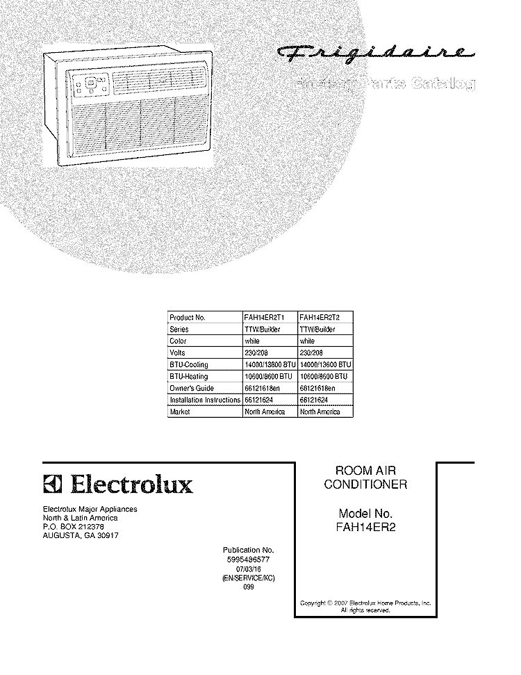 COVER Diagram and Parts List for FAH14ER2T2  Frigidaire Air Conditioner