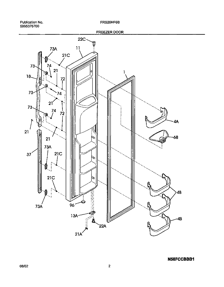 FREEZER DOOR Diagram and Parts List for FRS26HF6BQ1  Frigidaire Refrigerator