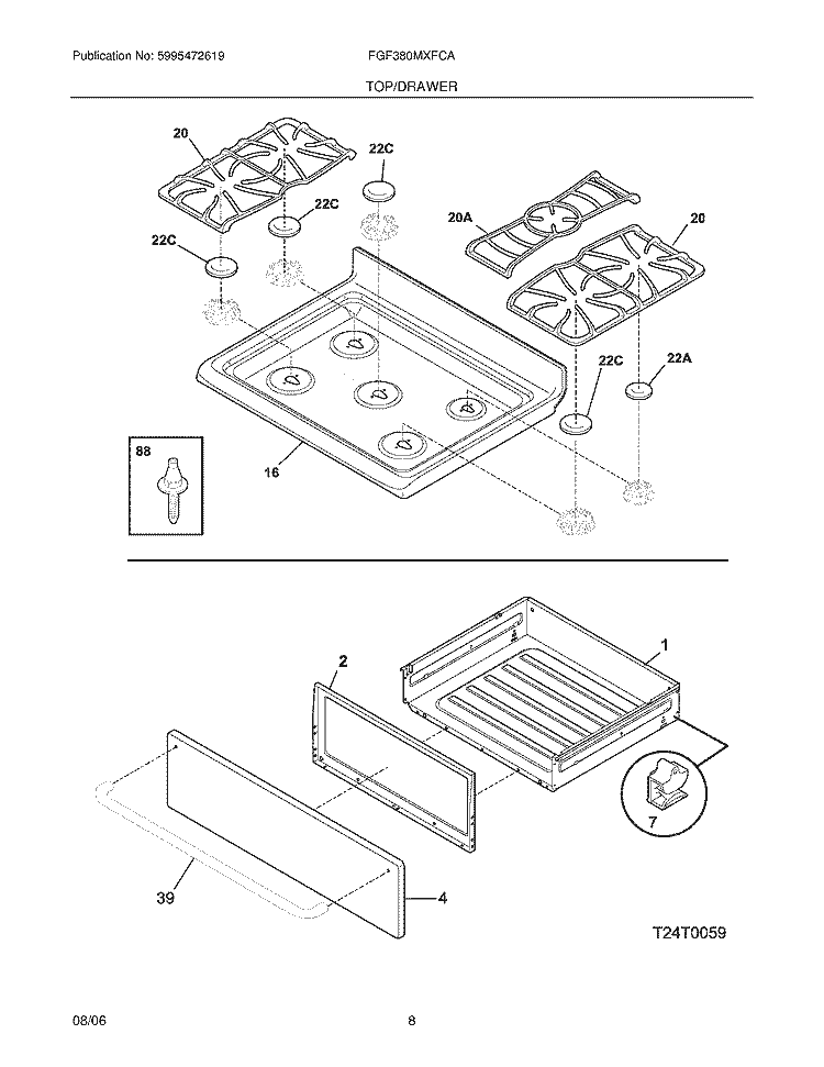 TOP / DRAWER Diagram and Parts List for FGF380MXFCA  Frigidaire Range