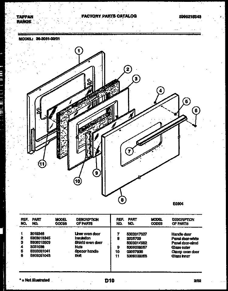 DOOR PARTS Diagram and Parts List for 36-3061-00-01  Tappan Range