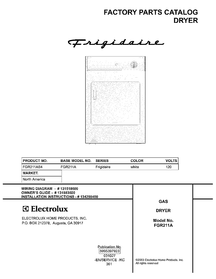 COVER Diagram and Parts List for FGR211AS4  Frigidaire Dryer
