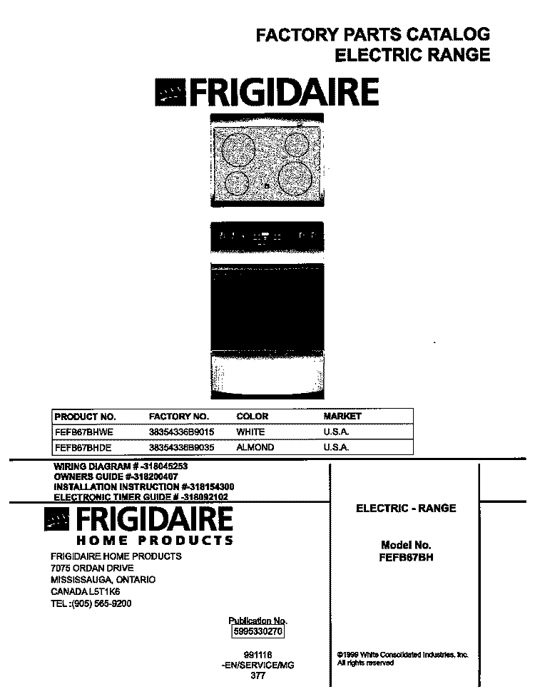 COVER Diagram and Parts List for FEFB67BHWE  Frigidaire Range