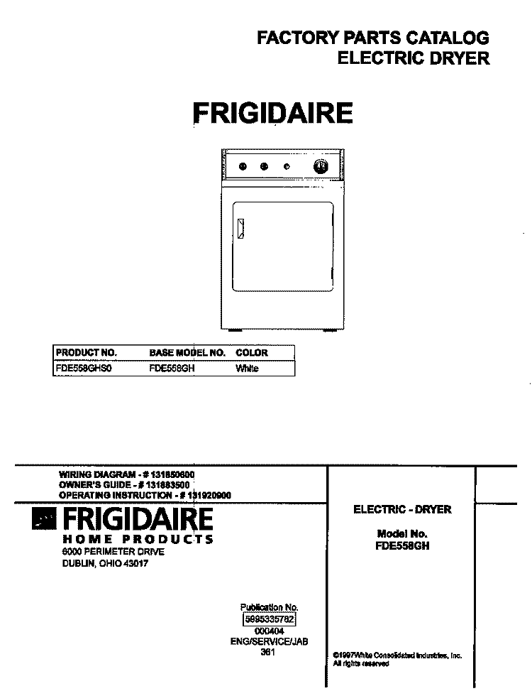COVER Diagram and Parts List for FDE558GHS0  Frigidaire Dryer