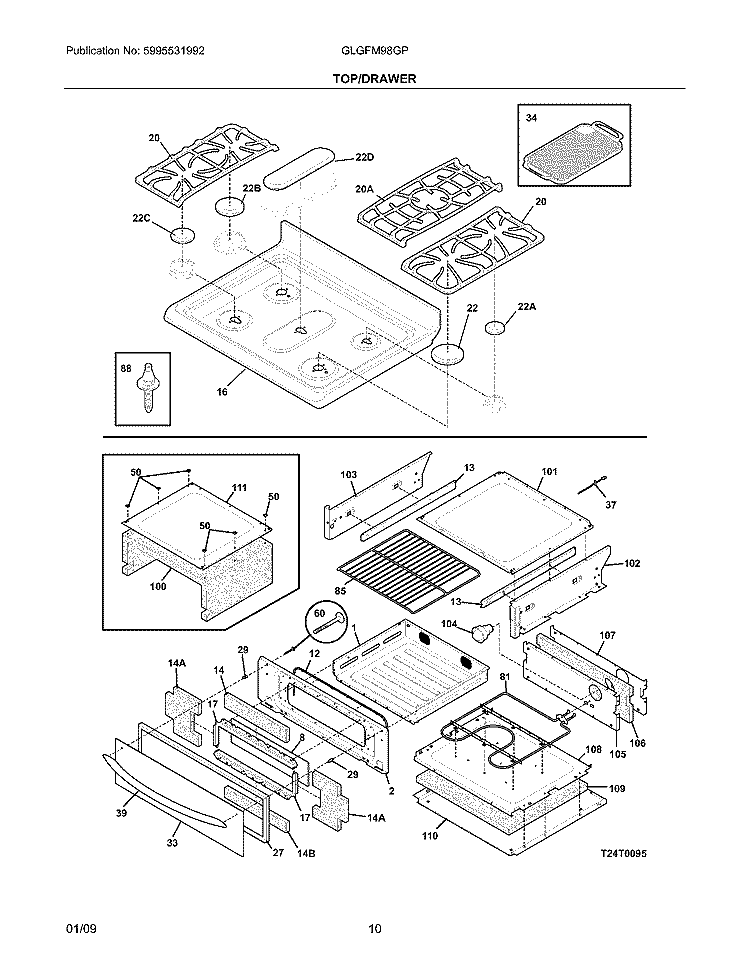 TOP/DRAWER Diagram and Parts List for GLGFM98GPBD  Frigidaire Range