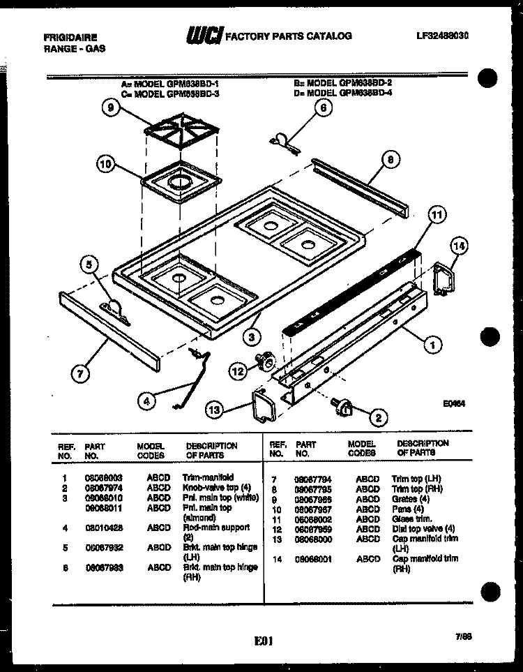 COOKTOP PARTS Diagram and Parts List for GPM638BDL3  Frigidaire Range