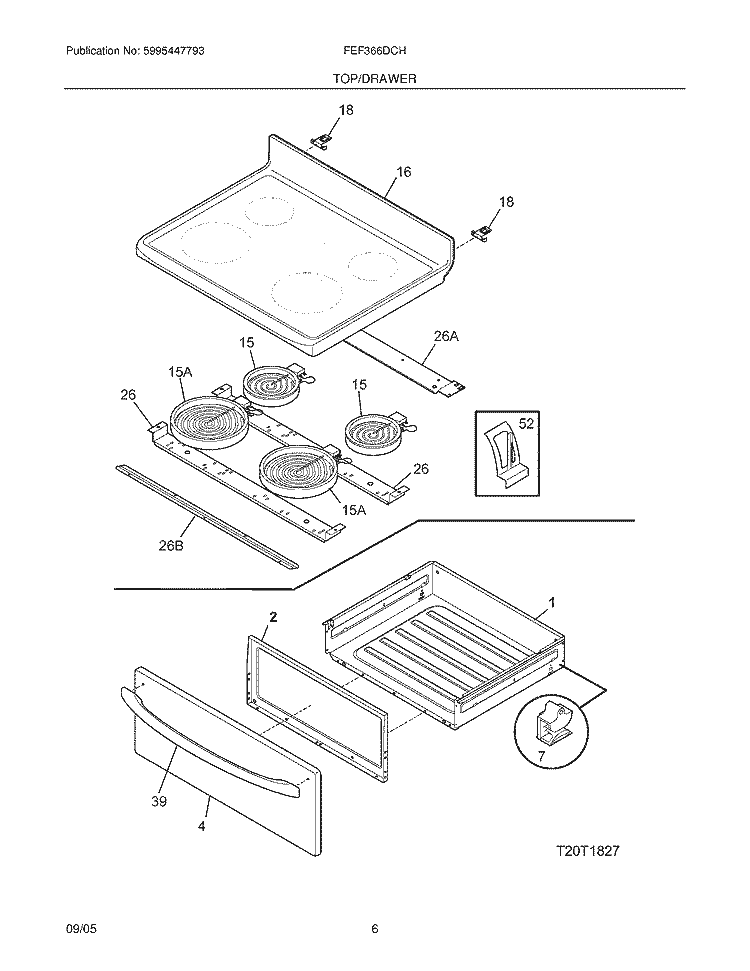 TOP / DRAWER Diagram and Parts List for FEF366DCH  Frigidaire Range