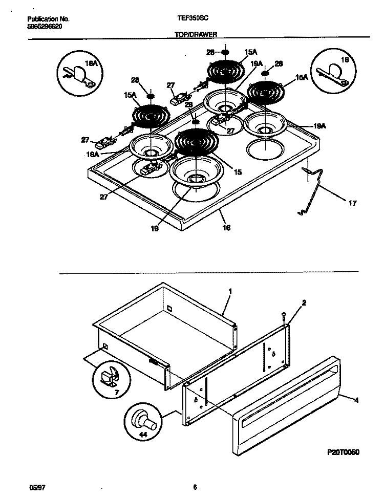 TOP / DRAWER Diagram and Parts List for TEF350SCDE  Tappan Range