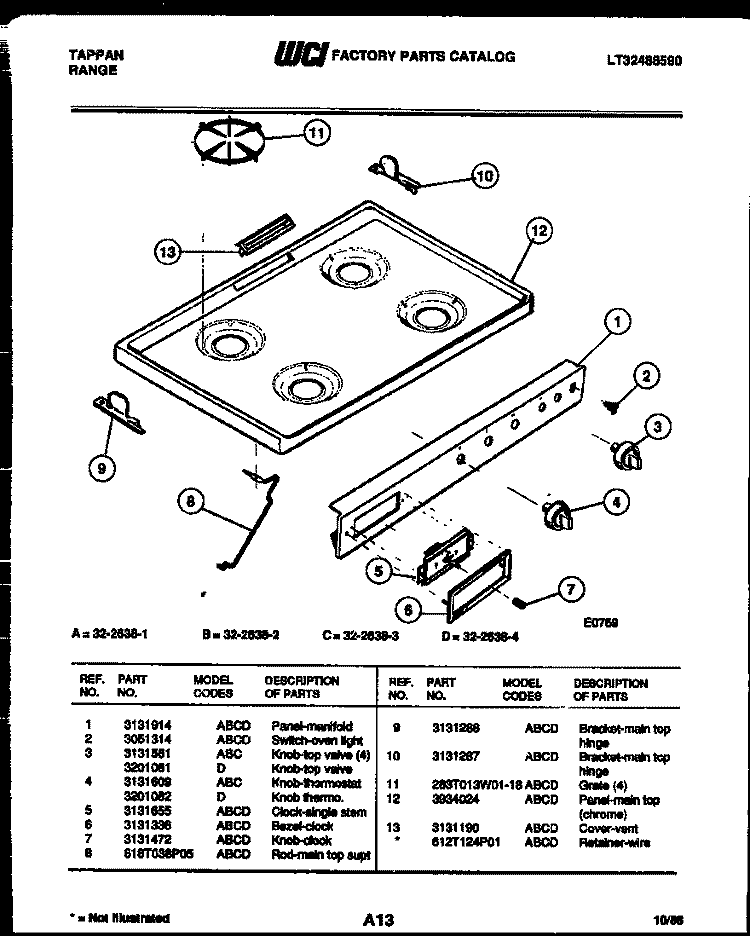 COOKTOP AND CONTROL PARTS Diagram and Parts List for 32-2638-00-01  Tappan Range