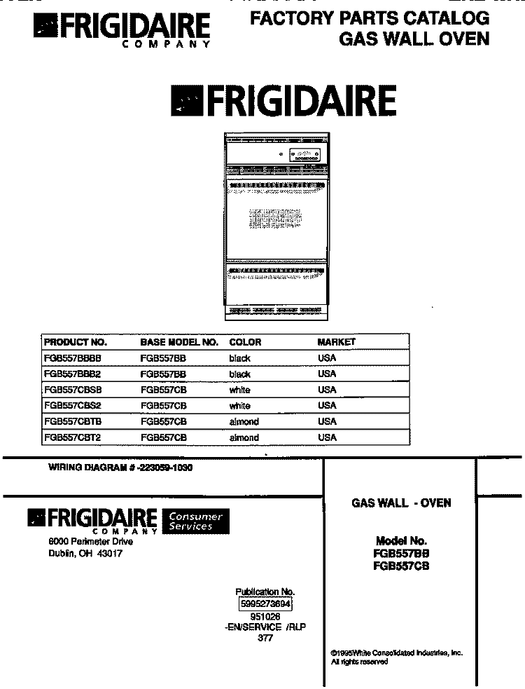 COVER Diagram and Parts List for FGB557CBS2  Frigidaire Wall Oven