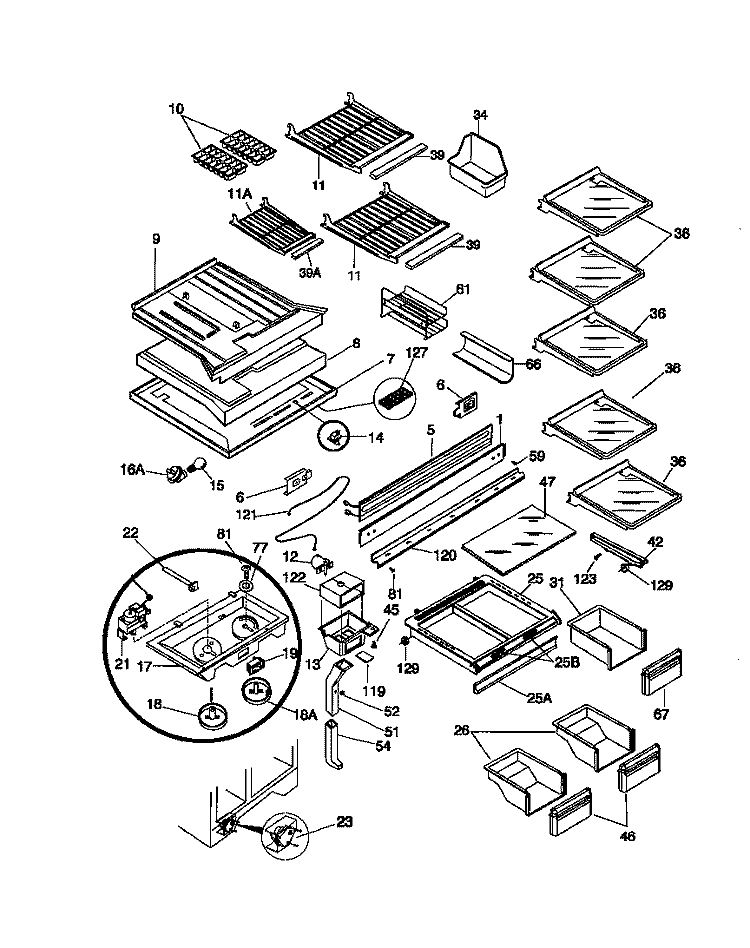 SHELVES / CONTROLS Diagram and Parts List for FRT24RGCB1  Frigidaire Refrigerator
