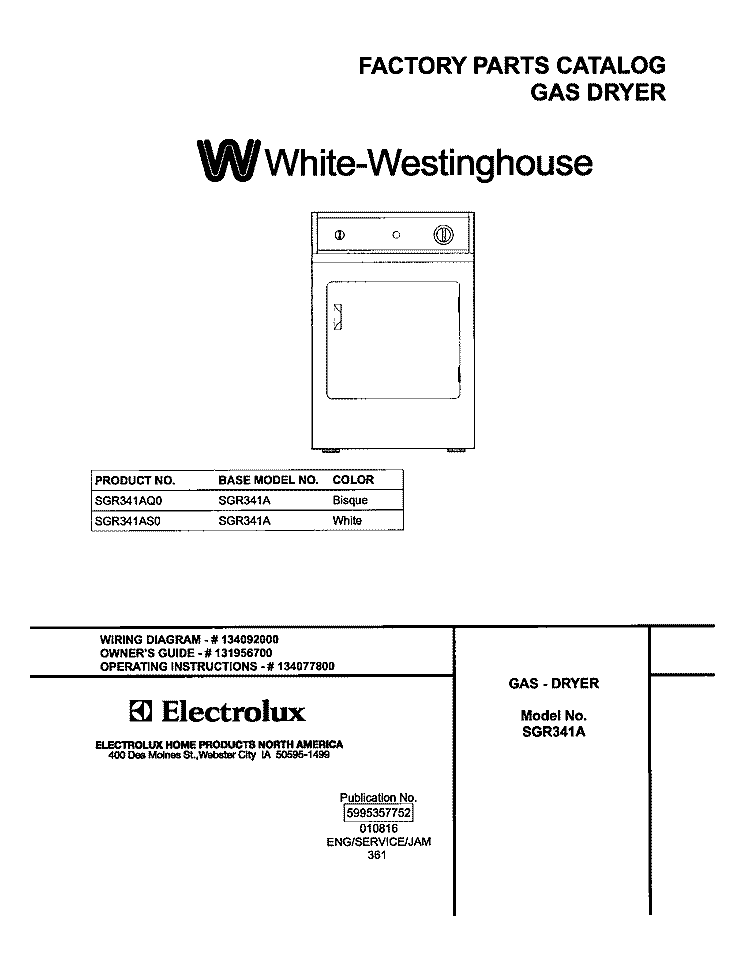 COVER Diagram and Parts List for SGR341AQ0  Westinghouse Dryer
