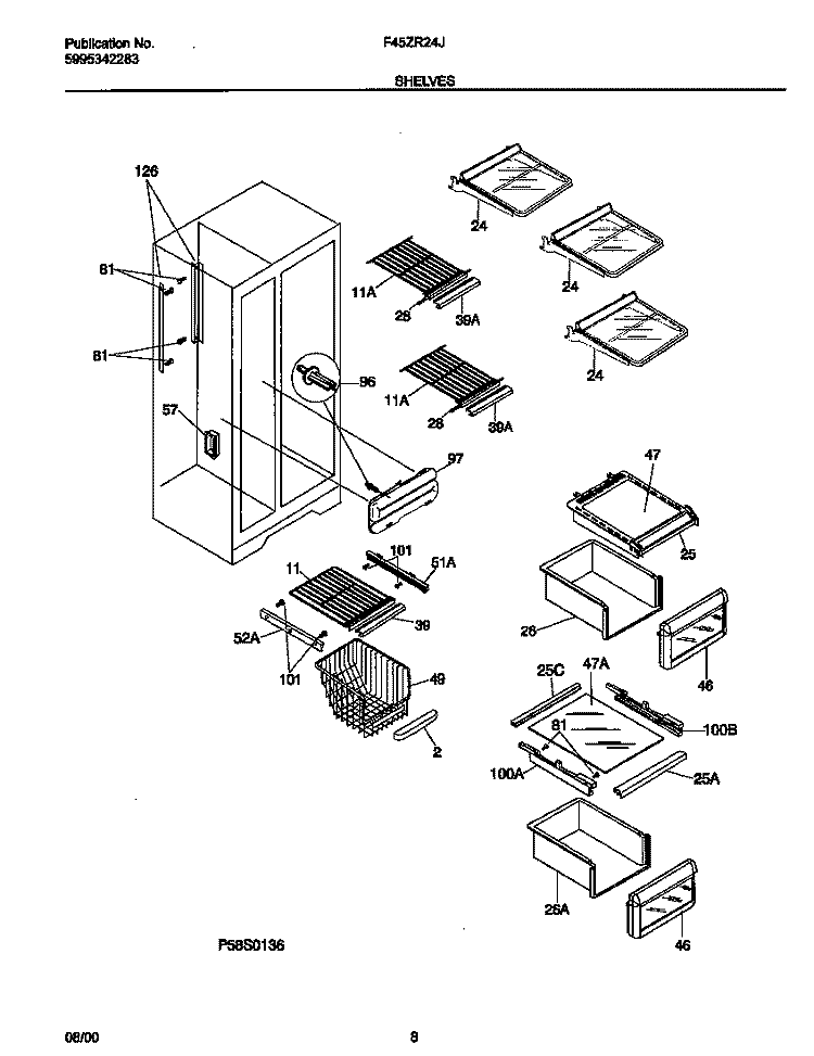 SHELVES Diagram and Parts List for F45ZR24JW1  Frigidaire Refrigerator