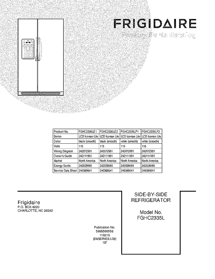 COVER Diagram and Parts List for FGHC2335LP1  Frigidaire Refrigerator