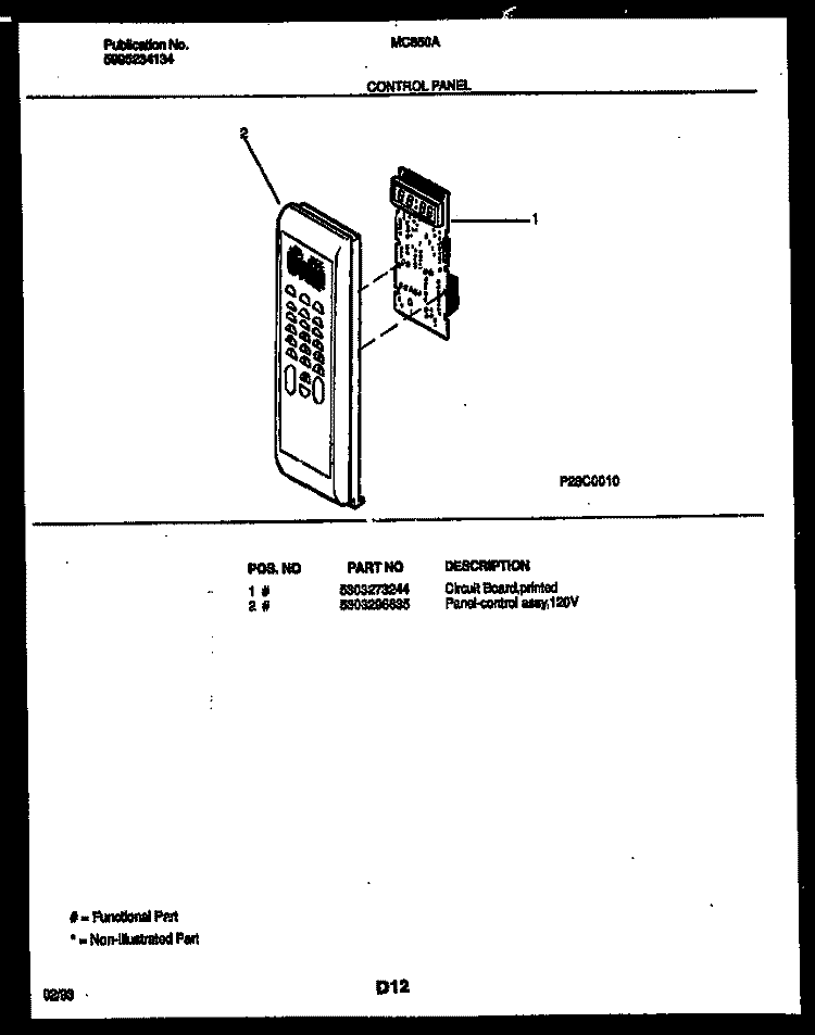 CONTROL PANEL Diagram and Parts List for MC850A2  Frigidaire Microwave