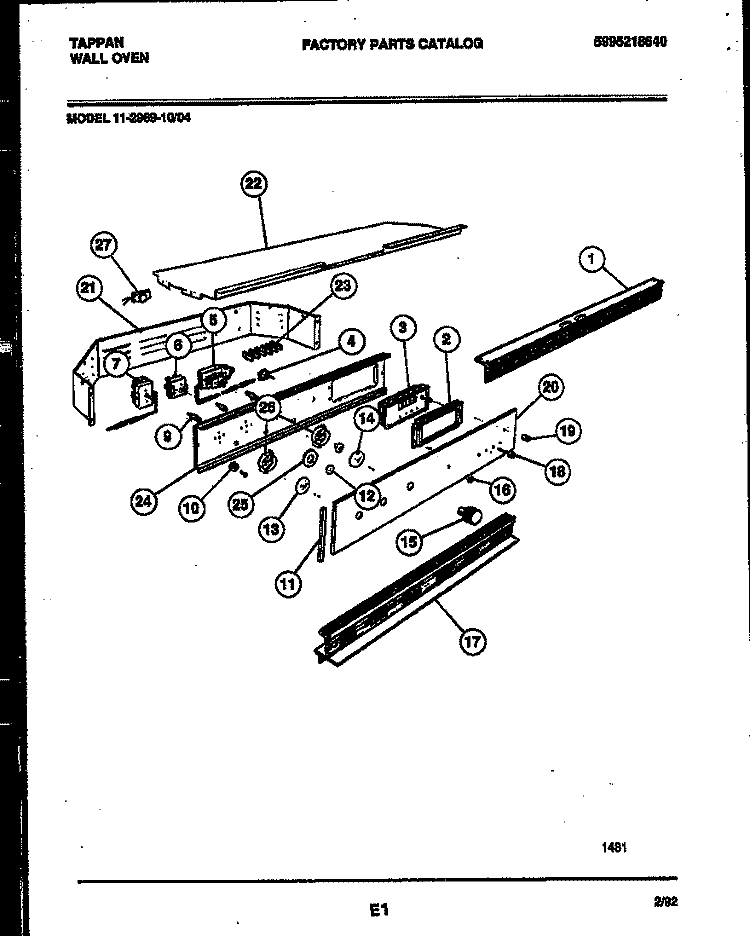CONTROL PANEL Diagram and Parts List for 11-2969-00-04  Tappan Wall Oven