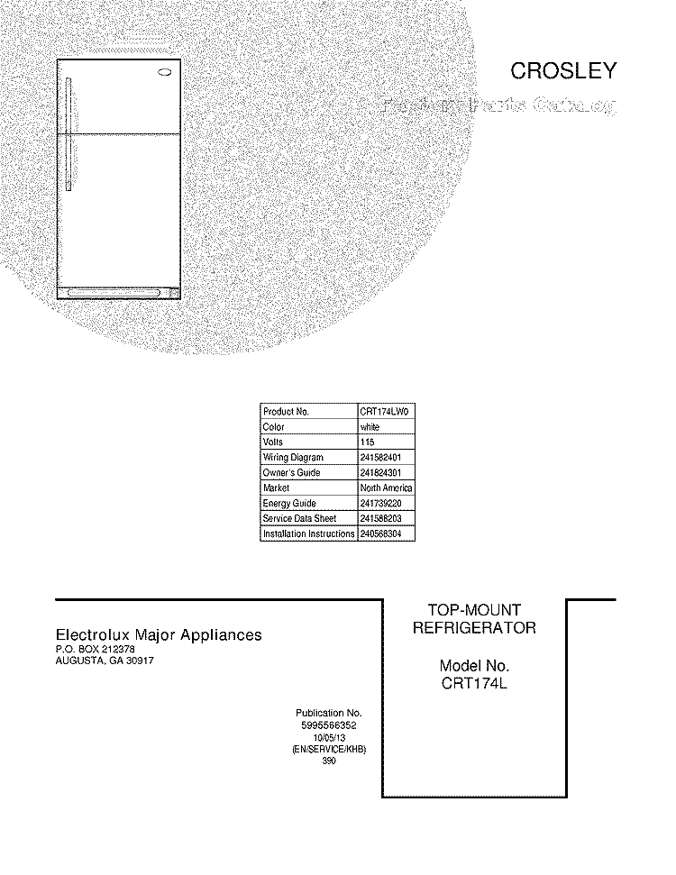 COVER Diagram and Parts List for CRT174LW0  Crosley Refrigerator