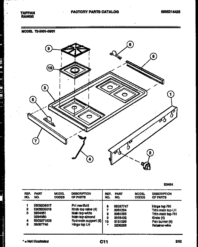 COOKTOP PARTS Diagram and Parts List for 72-3651-23-01  Tappan Range