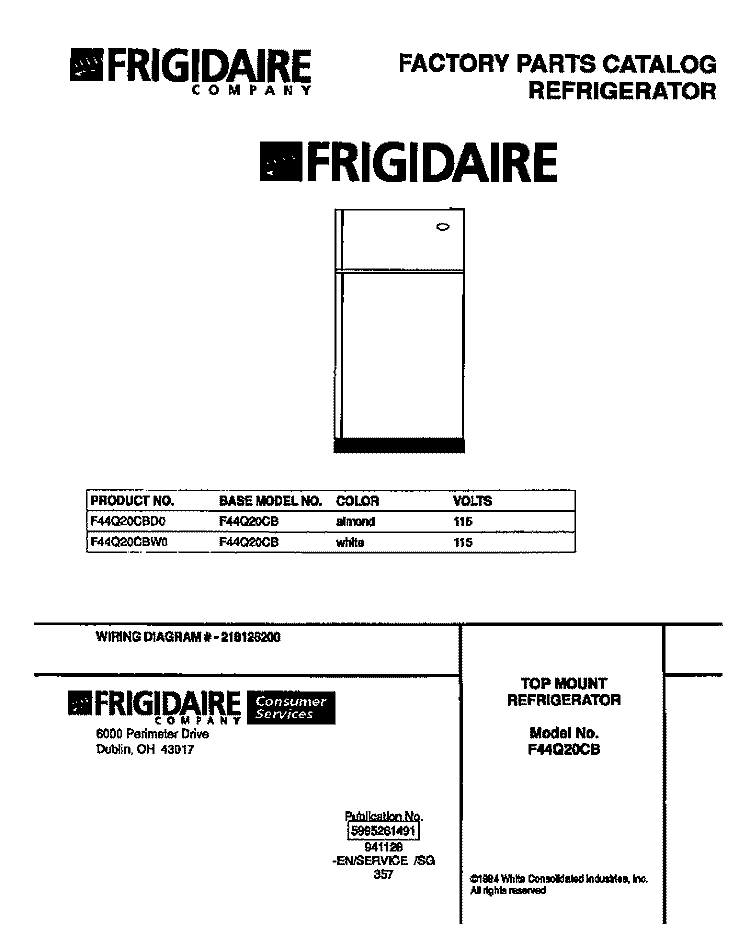 COVER Diagram and Parts List for F44Q20CBW0  Frigidaire Refrigerator
