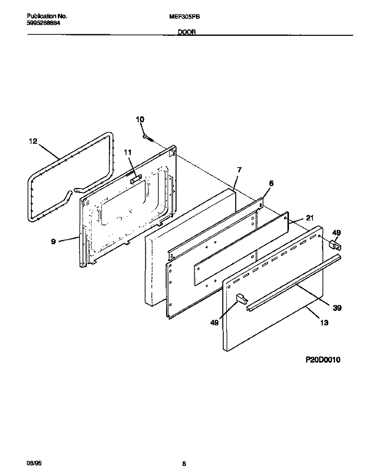 DOOR Diagram and Parts List for MEF305PBWB  Frigidaire Range