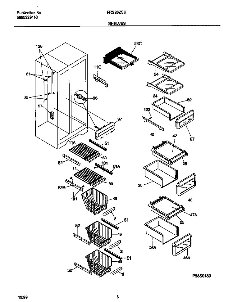 SHELVES Diagram and Parts List for FRS26ZSHB2  Frigidaire Refrigerator