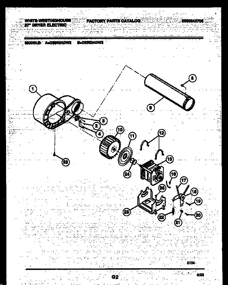 BLOWER AND DRIVE PARTS Diagram and Parts List for DE600ADW2  Frigidaire Dryer