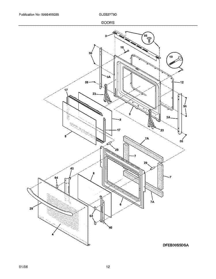 DOORS Diagram and Parts List for GLEB27T9DBC  Frigidaire Wall Oven