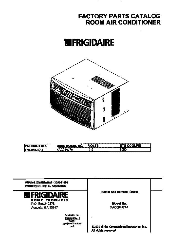COVER Diagram and Parts List for FAC084J7A1  Frigidaire Air Conditioner