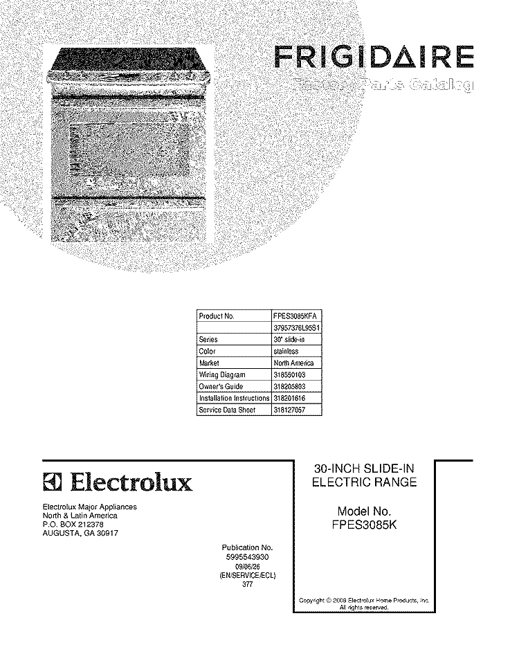 COVER Diagram and Parts List for FPES3085KFA  Frigidaire Range