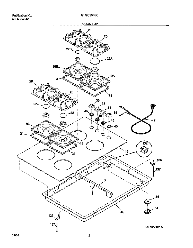 COOKTOP Diagram and Parts List for GLGC30S8CQA  Frigidaire Cooktop