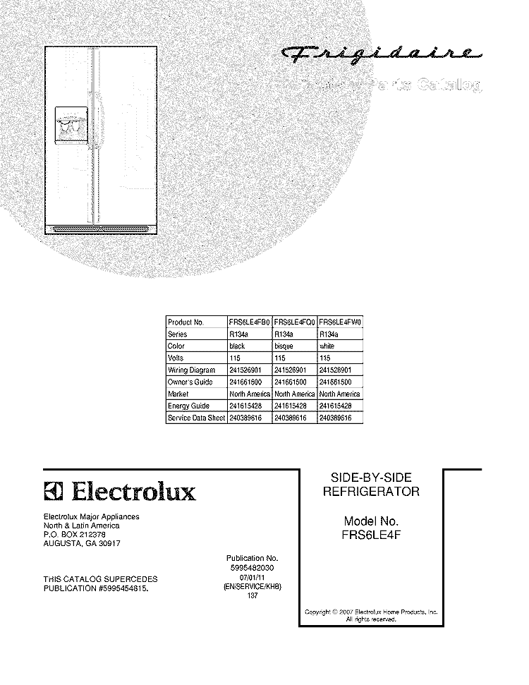 COVER Diagram and Parts List for FRS6LE4FB0  Frigidaire Refrigerator