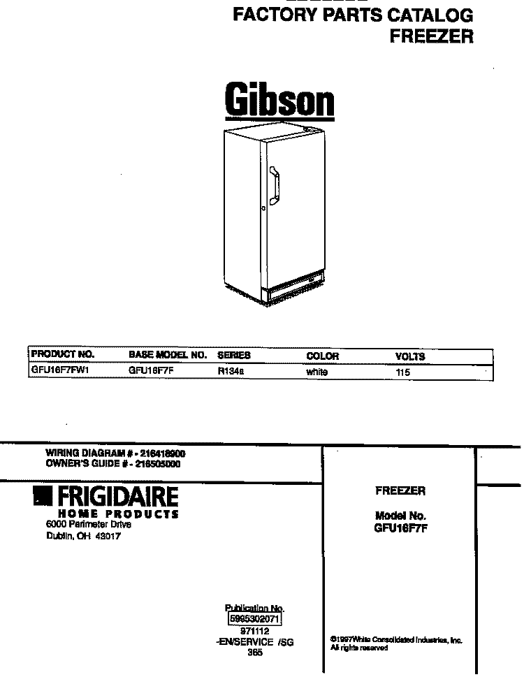 COVER Diagram and Parts List for GFU16F7FW1  Gibson Freezer