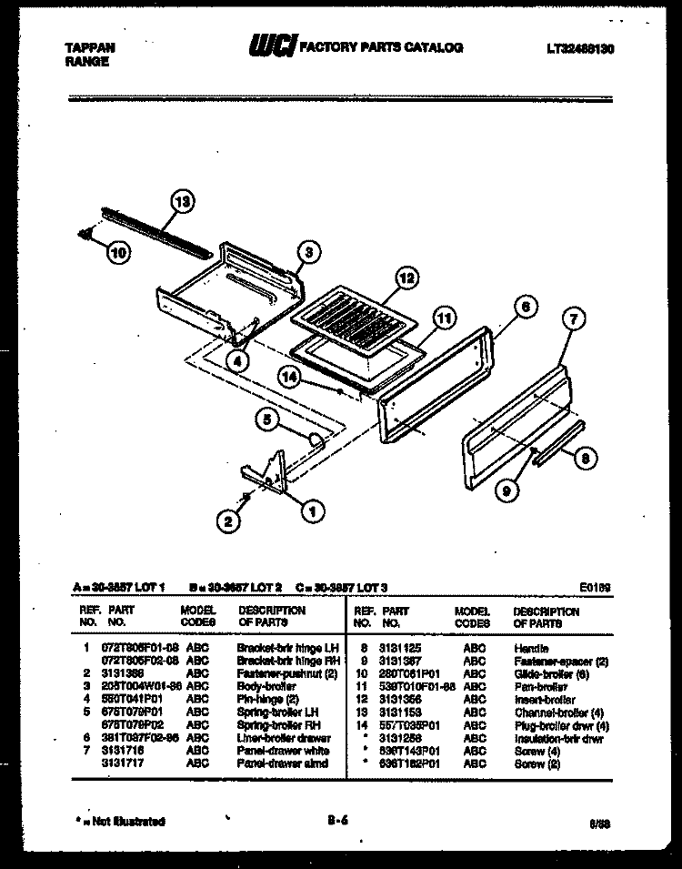 BROILER DRAWER PARTS Diagram and Parts List for 30-3657-00-03  Tappan Range
