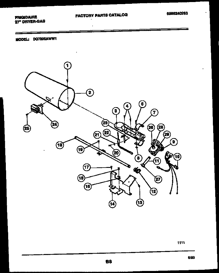 BURNER, IGNITER AND VALVE Diagram and Parts List for DG7200AWW1  Frigidaire Dryer