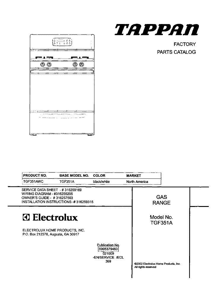 COVER Diagram and Parts List for TGF351AWC  Tappan Range
