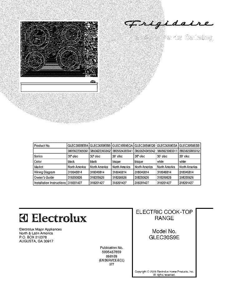 COVER Diagram and Parts List for GLEC30S9ESB  Frigidaire Cooktop