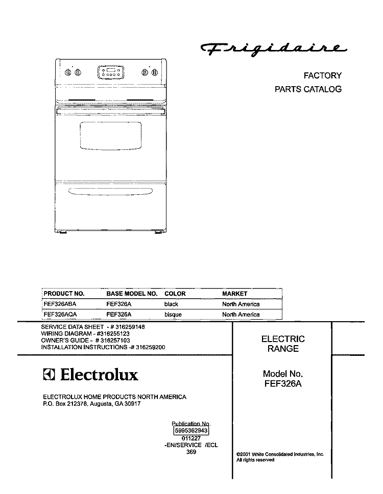 COVER Diagram and Parts List for FEF326ABA  Frigidaire Range