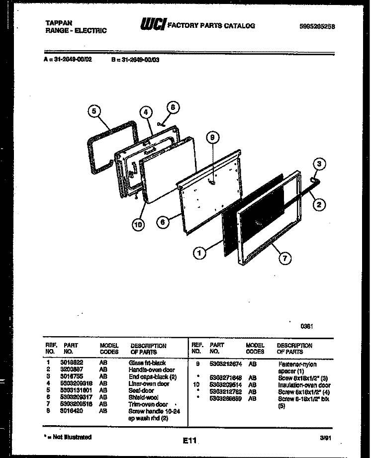 DOOR PARTS Diagram and Parts List for 31-2649-00-03  Tappan Range
