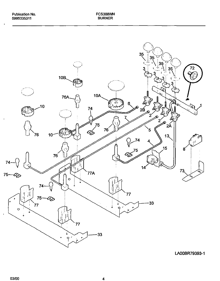 BURNER Diagram and Parts List for FCS388WHCD  Frigidaire Range