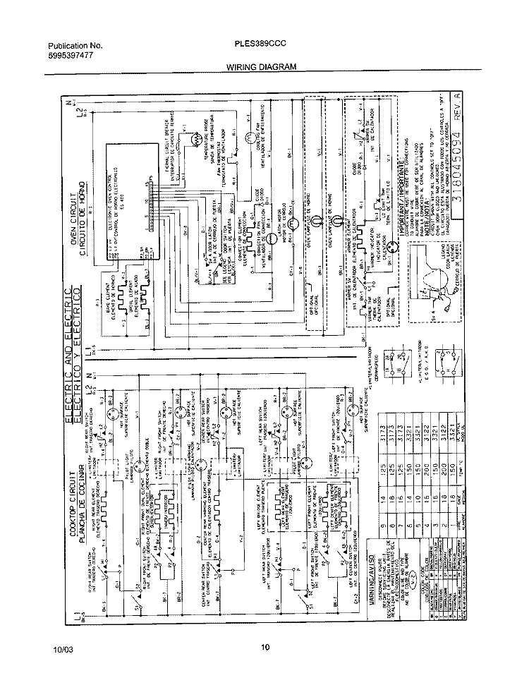 WIRING DIAGRAM Diagram and Parts List for PLES389CCC  Frigidaire Range