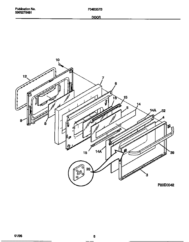 DOOR Diagram and Parts List for F04B357BDE  Frigidaire Range
